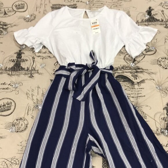 Maison Jules Navy Belted Striped Jumpsuit - Picture 3 of 5